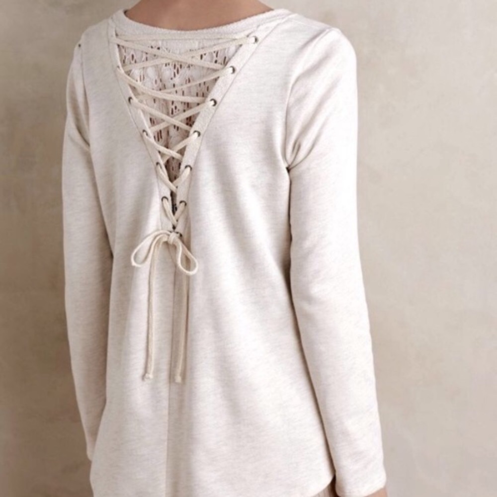 Anthropologie Everleigh Oatmeal Lace Up Back Hi Lo Sweater S